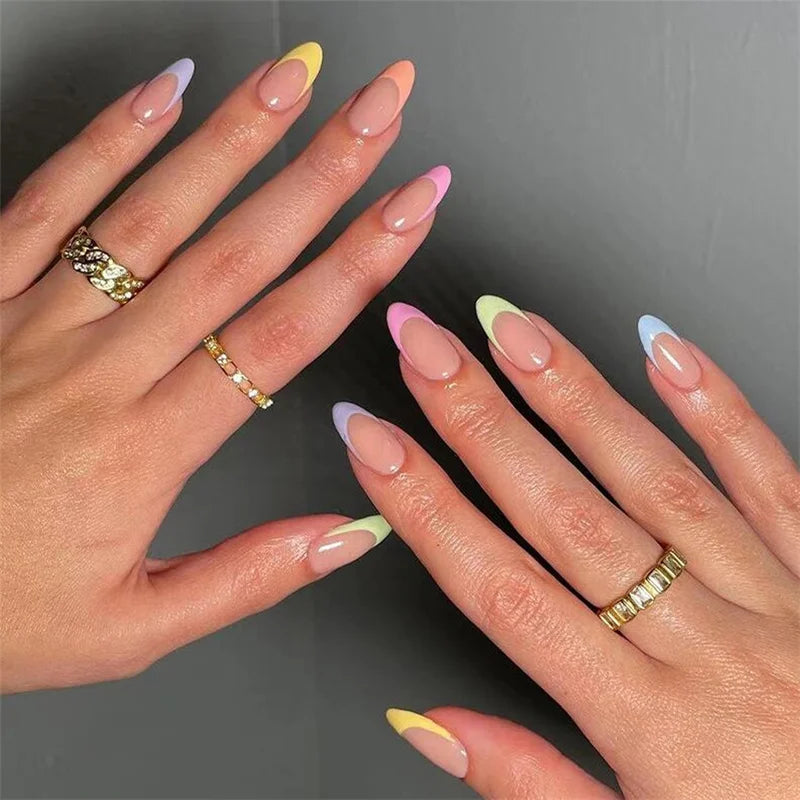 24Pcs Almond Fake Nails French False Nails Press on With Jelly Glue Aesthetic Short Design Oval Manicure Full Cover Nail Tips