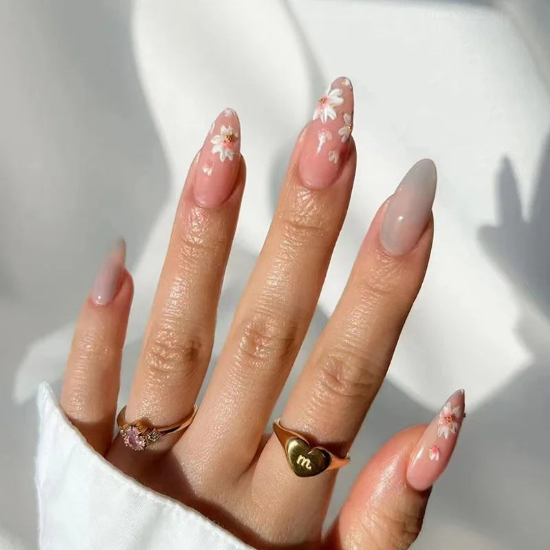 24Pcs Almond Fake Nails French False Nails Press on With Jelly Glue Aesthetic Short Design Oval Manicure Full Cover Nail Tips