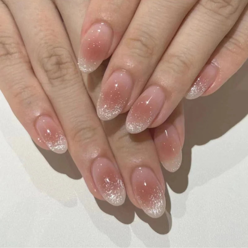 24Pcs Almond Fake Nails French False Nails Press on With Jelly Glue Aesthetic Short Design Oval Manicure Full Cover Nail Tips