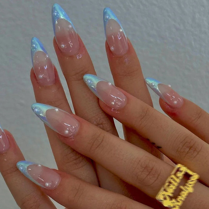 24Pcs Almond Fake Nails French False Nails Press on With Jelly Glue Aesthetic Short Design Oval Manicure Full Cover Nail Tips