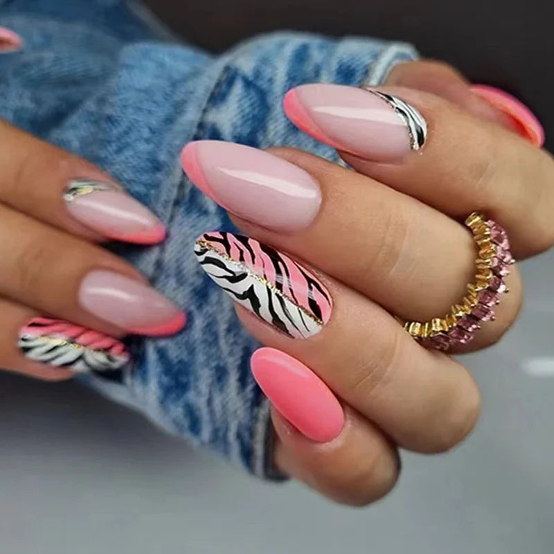 24Pcs Almond Fake Nails French False Nails Press on With Jelly Glue Aesthetic Short Design Oval Manicure Full Cover Nail Tips