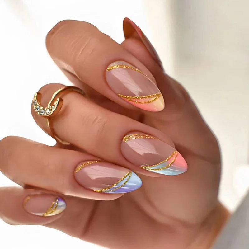 24Pcs Almond Fake Nails French False Nails Press on With Jelly Glue Aesthetic Short Design Oval Manicure Full Cover Nail Tips