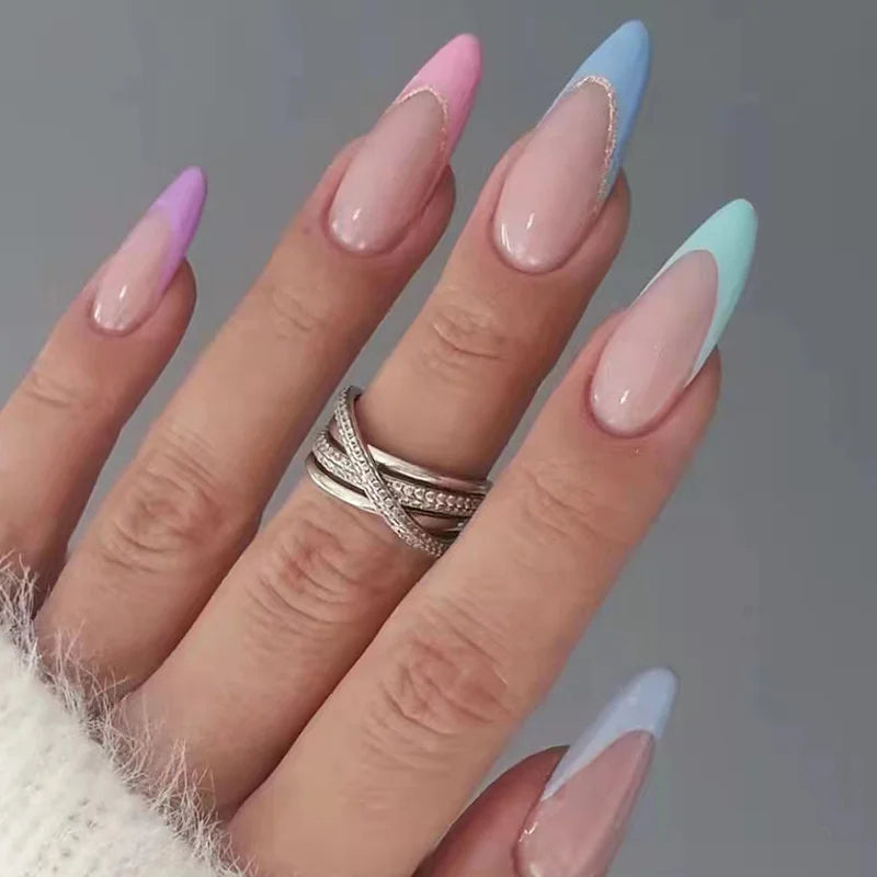 24Pcs Almond Fake Nails French False Nails Press on With Jelly Glue Aesthetic Short Design Oval Manicure Full Cover Nail Tips
