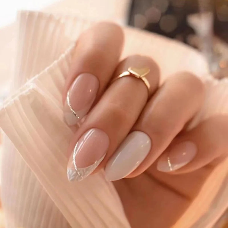 24Pcs Almond Fake Nails French False Nails Press on With Jelly Glue Aesthetic Short Design Oval Manicure Full Cover Nail Tips