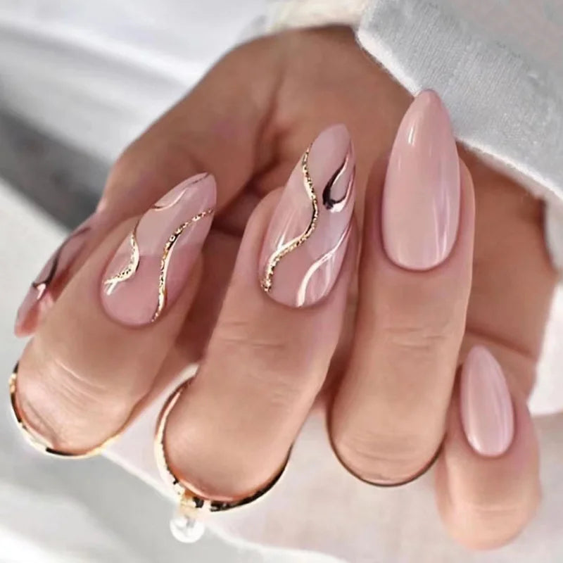 24Pcs Almond Fake Nails French False Nails Press on With Jelly Glue Aesthetic Short Design Oval Manicure Full Cover Nail Tips