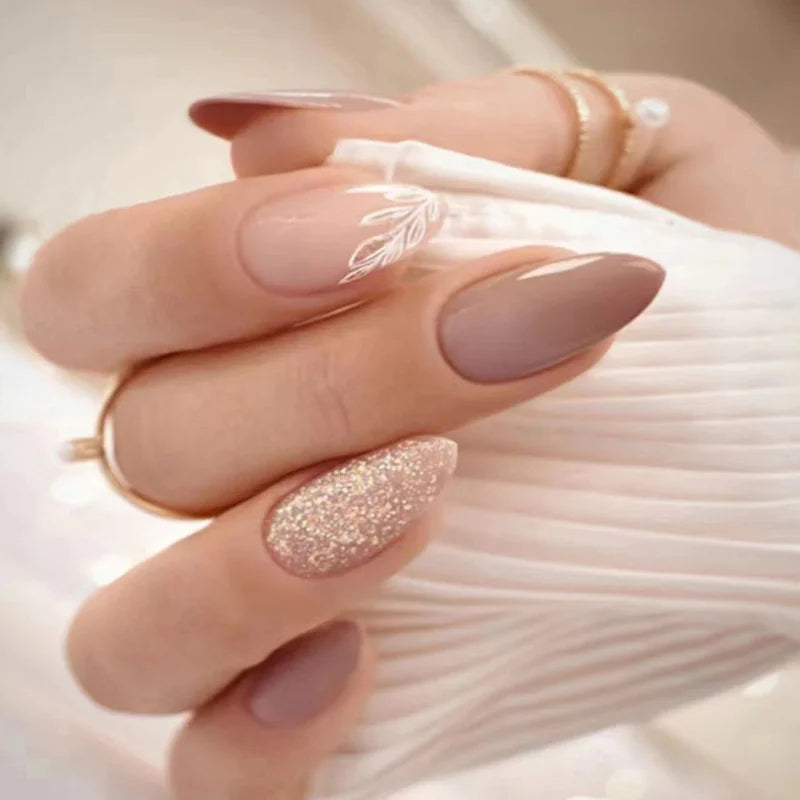 24Pcs Almond Fake Nails French False Nails Press on With Jelly Glue Aesthetic Short Design Oval Manicure Full Cover Nail Tips
