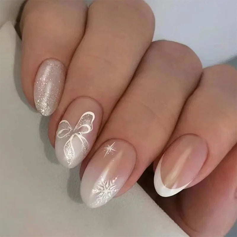 24Pcs Almond Fake Nails French False Nails Press on With Jelly Glue Aesthetic Short Design Oval Manicure Full Cover Nail Tips
