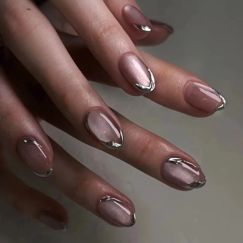24Pcs Almond Fake Nails French False Nails Press on With Jelly Glue Aesthetic Short Design Oval Manicure Full Cover Nail Tips