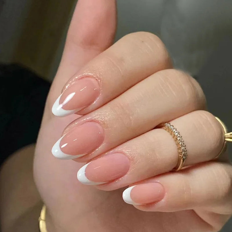 24Pcs Almond Fake Nails French False Nails Press on With Jelly Glue Aesthetic Short Design Oval Manicure Full Cover Nail Tips