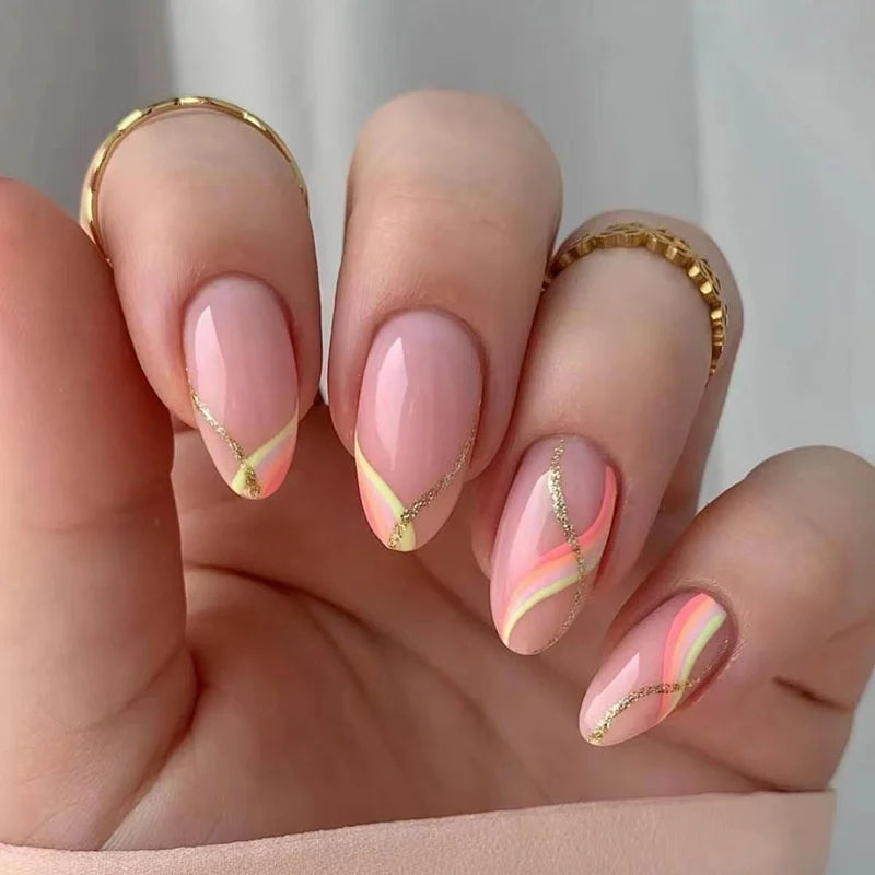 24Pcs Almond Fake Nails French False Nails Press on With Jelly Glue Aesthetic Short Design Oval Manicure Full Cover Nail Tips