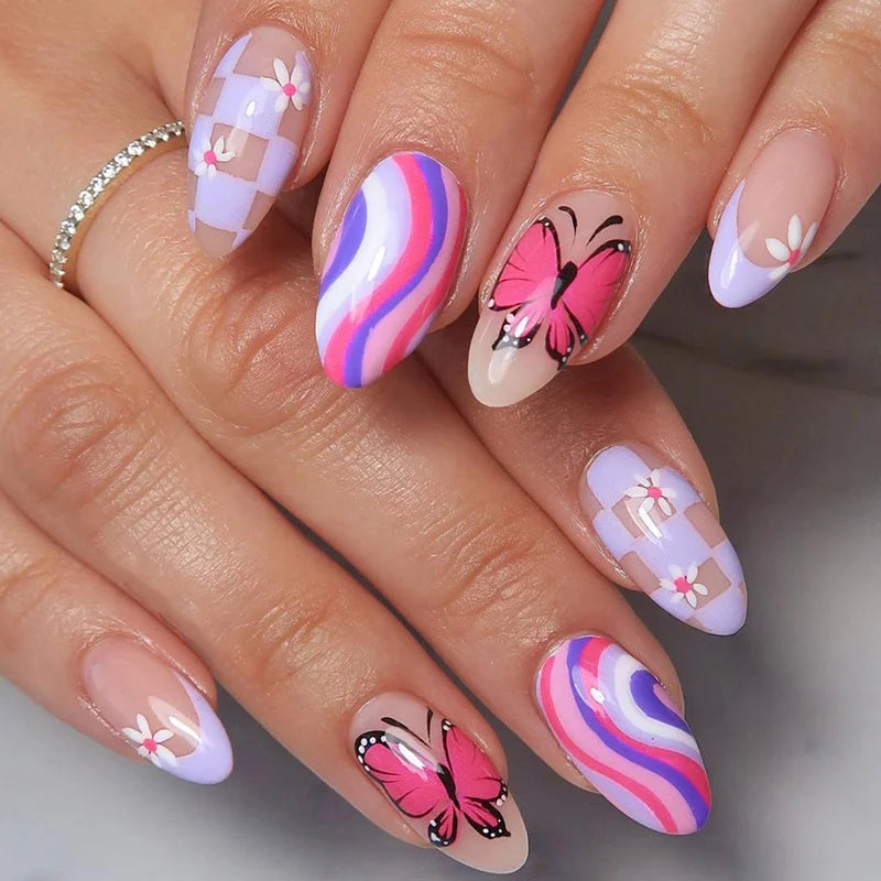 24Pcs Almond Fake Nails French False Nails Press on With Jelly Glue Aesthetic Short Design Oval Manicure Full Cover Nail Tips