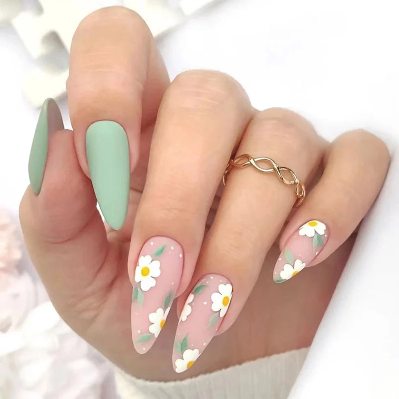 24Pcs Almond Fake Nails French False Nails Press on With Jelly Glue Aesthetic Short Design Oval Manicure Full Cover Nail Tips