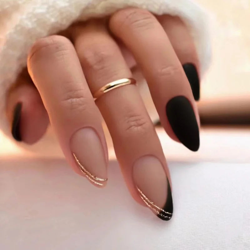 24Pcs Almond Fake Nails French False Nails Press on With Jelly Glue Aesthetic Short Design Oval Manicure Full Cover Nail Tips