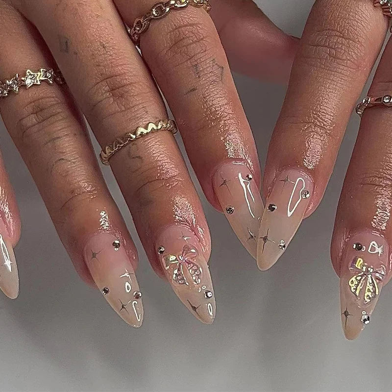 24Pcs Almond Fake Nails French False Nails Press on With Jelly Glue Aesthetic Short Design Oval Manicure Full Cover Nail Tips