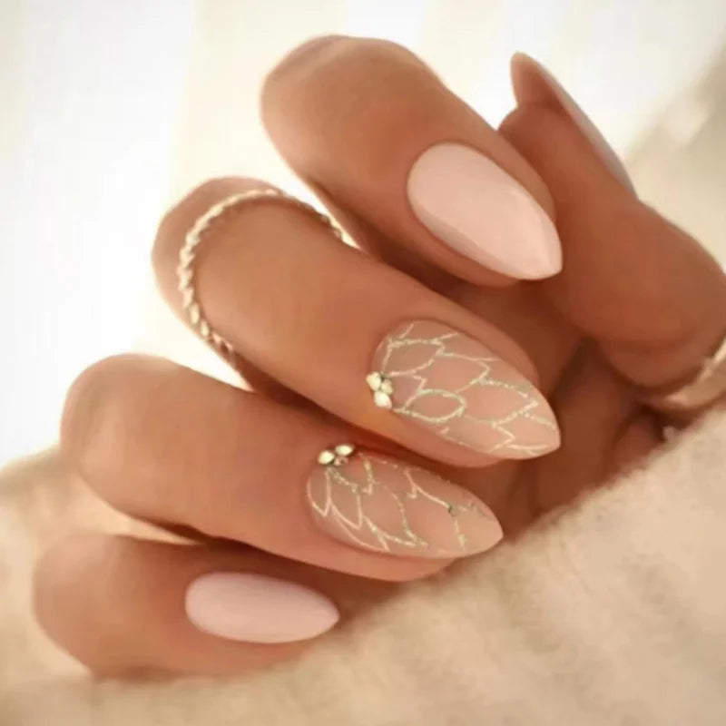 24Pcs Almond Fake Nails French False Nails Press on With Jelly Glue Aesthetic Short Design Oval Manicure Full Cover Nail Tips