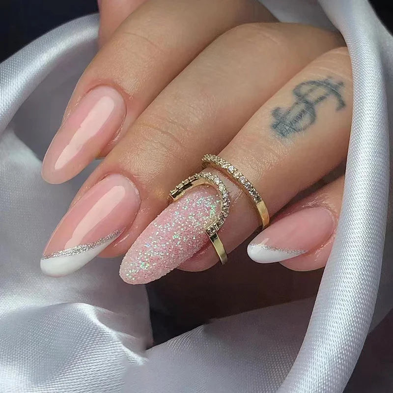24Pcs Almond Fake Nails French False Nails Press on With Jelly Glue Aesthetic Short Design Oval Manicure Full Cover Nail Tips