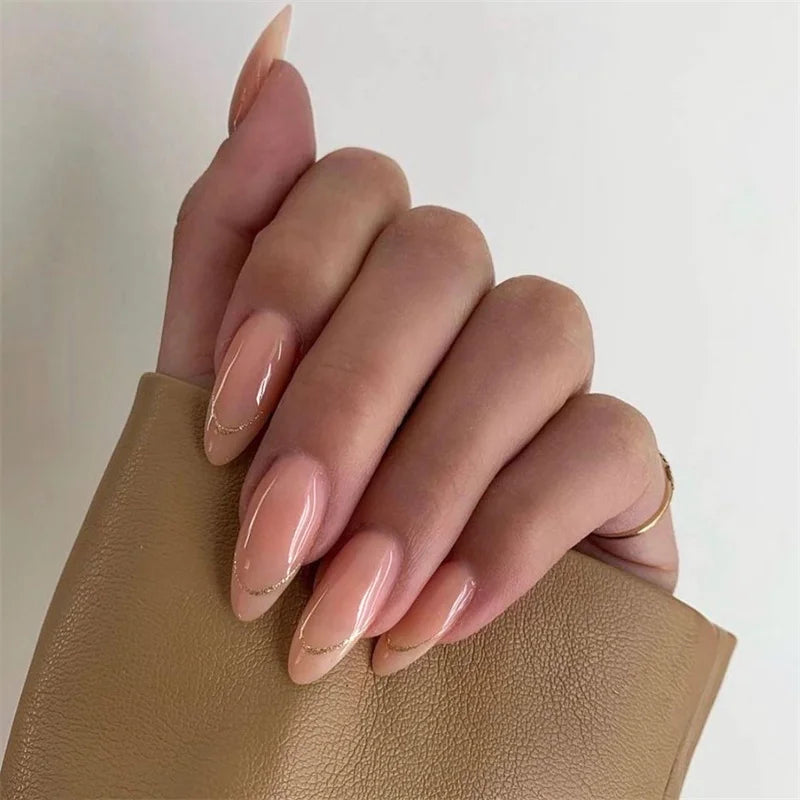 24Pcs Almond Fake Nails French False Nails Press on With Jelly Glue Aesthetic Short Design Oval Manicure Full Cover Nail Tips
