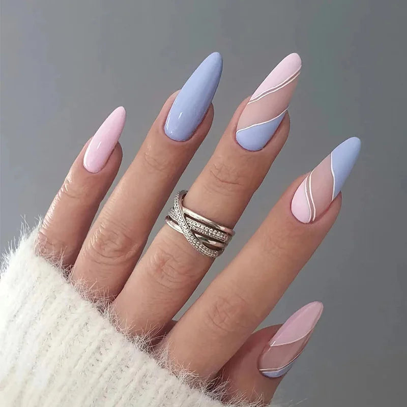 24Pcs Almond Fake Nails French False Nails Press on With Jelly Glue Aesthetic Short Design Oval Manicure Full Cover Nail Tips