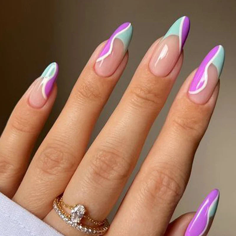 24Pcs Almond Fake Nails French False Nails Press on With Jelly Glue Aesthetic Short Design Oval Manicure Full Cover Nail Tips
