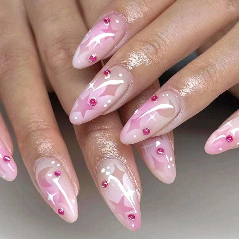 24Pcs Almond Fake Nails French False Nails Press on With Jelly Glue Aesthetic Short Design Oval Manicure Full Cover Nail Tips