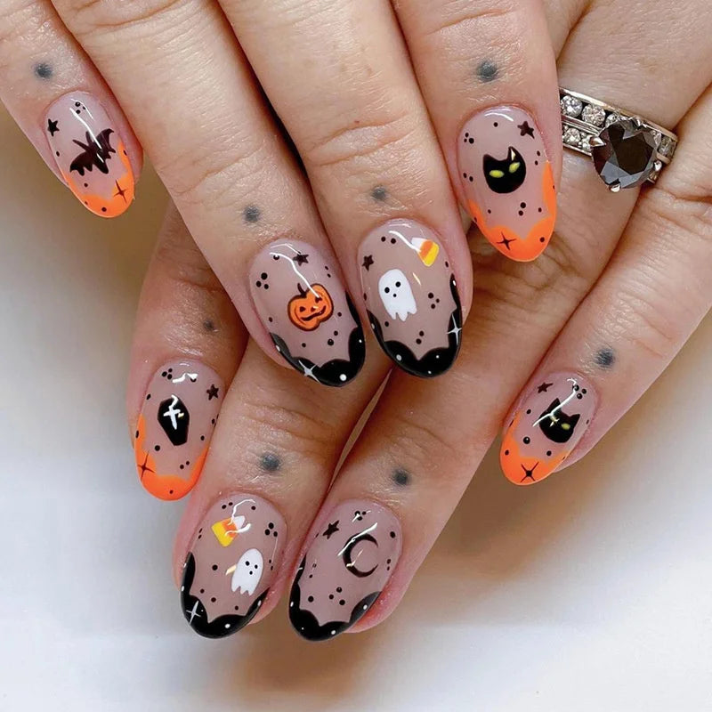 24Pcs Almond Fake Nails French False Nails Press on With Jelly Glue Aesthetic Short Design Oval Manicure Full Cover Nail Tips