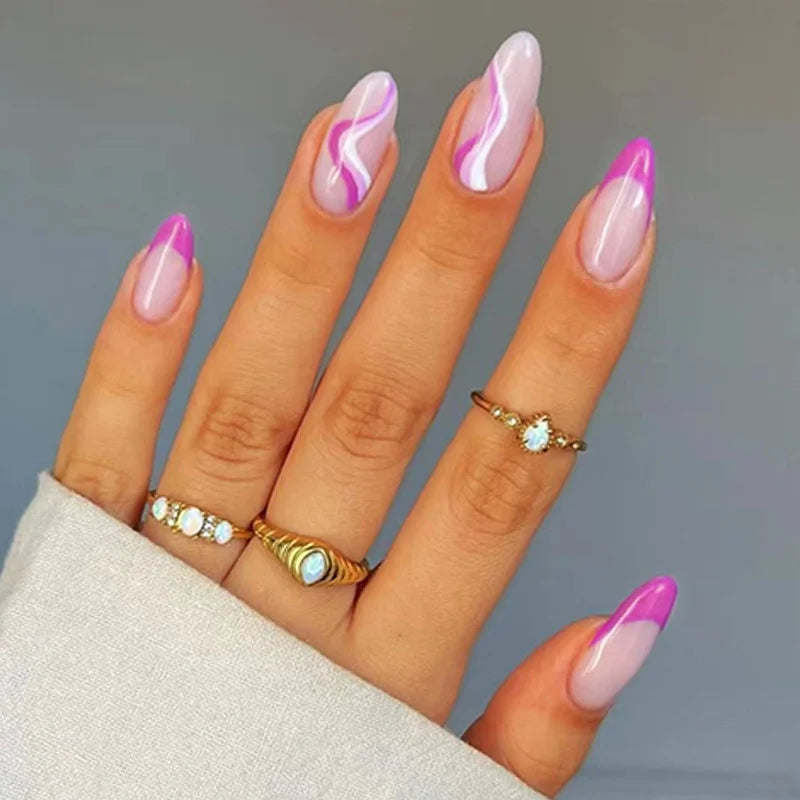 24Pcs Almond Fake Nails French False Nails Press on With Jelly Glue Aesthetic Short Design Oval Manicure Full Cover Nail Tips