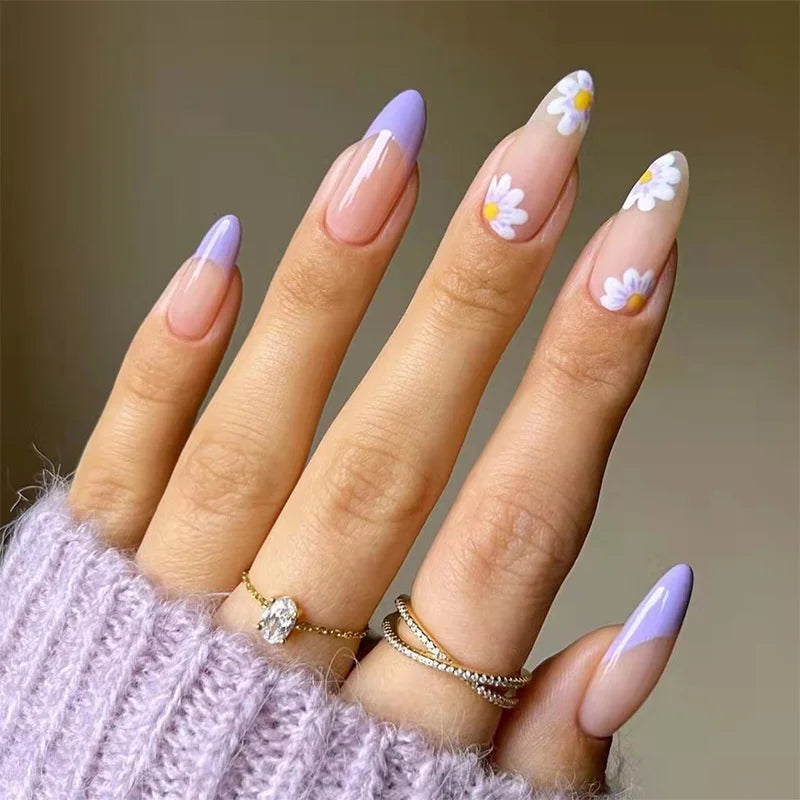 24Pcs Almond Fake Nails French False Nails Press on With Jelly Glue Aesthetic Short Design Oval Manicure Full Cover Nail Tips