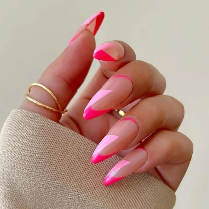 24Pcs Almond Fake Nails French False Nails Press on With Jelly Glue Aesthetic Short Design Oval Manicure Full Cover Nail Tips